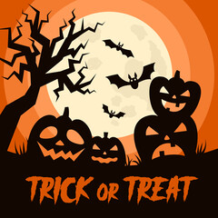 Happy Halloween background with Halloween elements, moon, pumpkins, bats and place for text. Halloween party poster. Vector