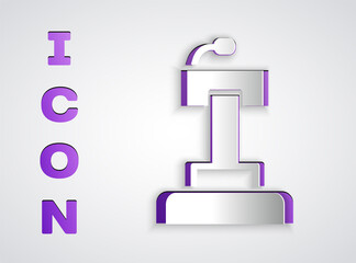 Paper cut Stage stand or debate podium rostrum icon isolated on grey background. Conference speech tribune. Paper art style. Vector.
