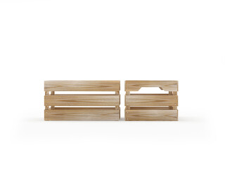 Two empty wooden boxes isolated on a white background. 3D illustration