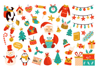 Holiday set with Santa Claus, cute snowman and decorative Christmas elements. Festive vector illustrations