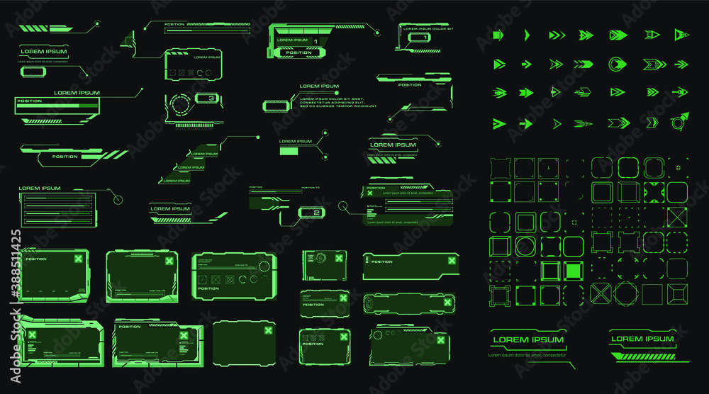Poster futuristic hud elements with link boxes, arrows, callouts, headers, pointers, borders, info fields a