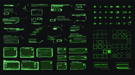 Futuristic HUD elements with link boxes, arrows, callouts, headers, pointers, borders, info fields and boxes. Set of Elements for Modern HUD Interface. Vector