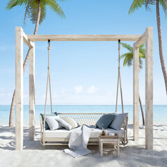 Hanging sofa on sand beach with palm.Concept for vacation and relaxation.3d rendering