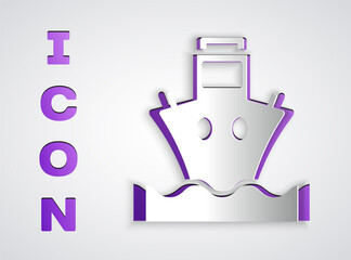 Paper cut Cargo ship icon isolated on grey background. Paper art style. Vector.