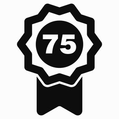 Medal icon and number seventy five. Guarantee illustration. Winner icon. Approval label. Reward. Vector icon.