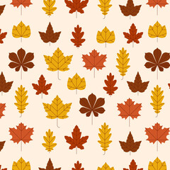 Obraz premium Autumn seamless pattern with different leaves and plants, seasonal colours. Ideal for wallpaper and prints.