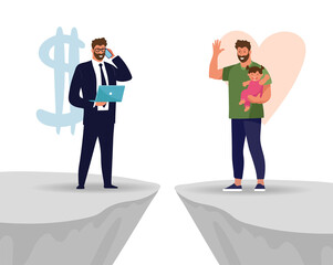 A man chooses between family and work. The problem of male priorities between career and family, business or health. Flat vector illustration.