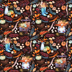 Autumn Floral Seamless Pattern with pitcher, watering can, blue gumboots, wooden crate pallet. Watercolor dried leaf, pumpkins, wild grass and flowers, poppy heads, Lunaria, cotton, brown fern