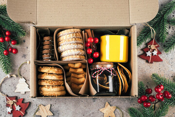 Christmas cookie gift box. Assorted shortbread cookies with holiday decoration. Care package...