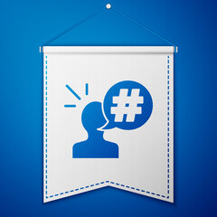 Blue Protest icon isolated on blue background. Meeting, protester, picket, speech, banner, protest placard, petition, leader, leaflet White pennant template Vector illustration