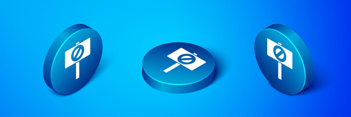 Isometric Protest icon isolated on blue background. Meeting, protester, picket, speech, banner, protest placard, petition, leader, leaflet Blue circle button Vector illustration