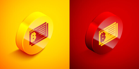 Isometric Cryptocurrency coin Bitcoin icon isolated on orange and red background. Physical bit coin. Blockchain based secure crypto currency. Circle button. Vector.