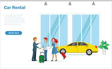 Car rental and travelling concept. Tourist man and woman with luggage rent car from agent for sefl driving.