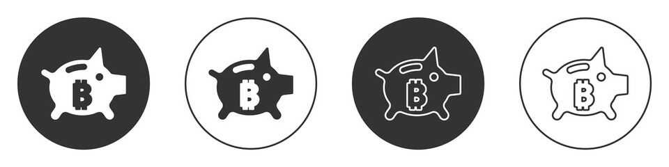 Black Piggy bank bitcoin icon isolated on white background. Icon saving or accumulation of money, investment. Circle button. Vector.