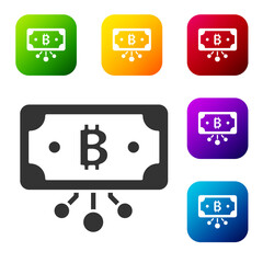 Black Cryptocurrency bitcoin in circle with microchip circuit icon isolated on white background. Blockchain technology, digital money market. Set icons in color square buttons. Vector.