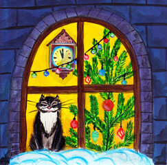 Christmas Eve greeting card with brigh window,fluffy cat garland, X-Mas tree, old cuckoo-clock. Festive plot for family, friend cheer up, wall poster, nice little thing that complements your gift.
