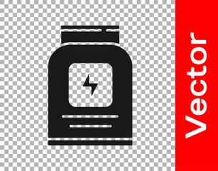 Black Sports nutrition bodybuilding proteine power drink and food icon isolated on transparent background. Vector.