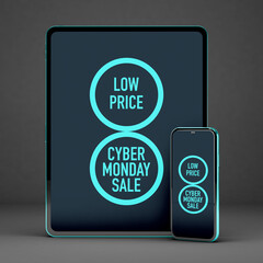 Fototapeta premium Tablet and mobile mockup for Cyber Monday on black background