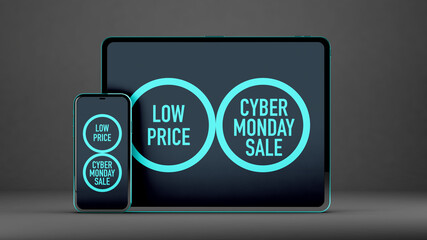 Tablet and mobile mockup for Cyber Monday on black background