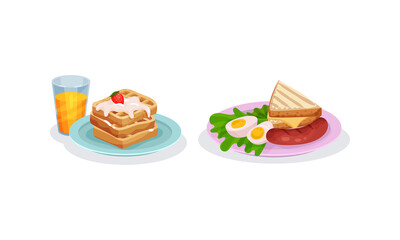 Waffles with Cream and Boiled Eggs with Sandwich Served on Plate Vector Set