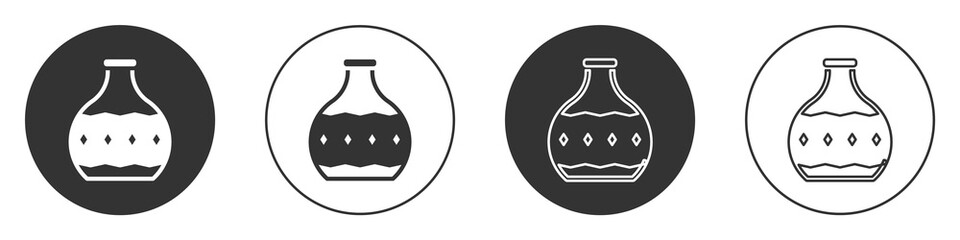 Black Tequila bottle icon isolated on white background. Mexican alcohol drink. Circle button. Vector.