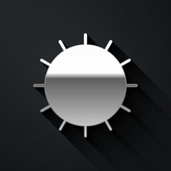 Silver Sun icon isolated on black background. Summer symbol. Good sunny day. Long shadow style. Vector.