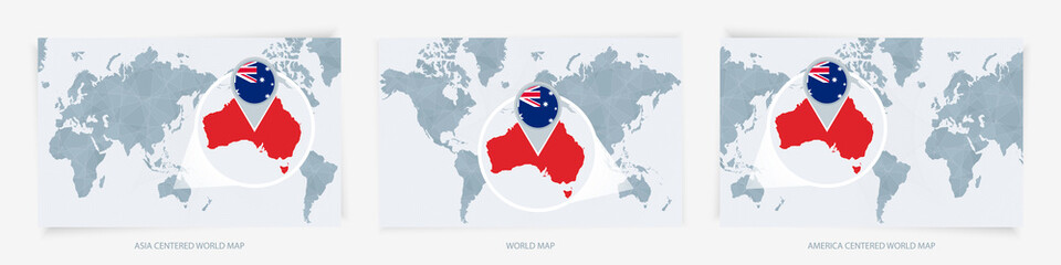 Three versions of the World Map with the enlarged map of Australia with flag.