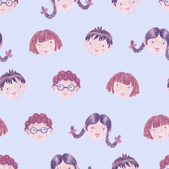 Boys and girls faces pattern in watercolor. Children faces background in retro style