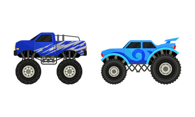 Fototapeta premium Bright Monster Trucks with Oversized Tires Vector Set