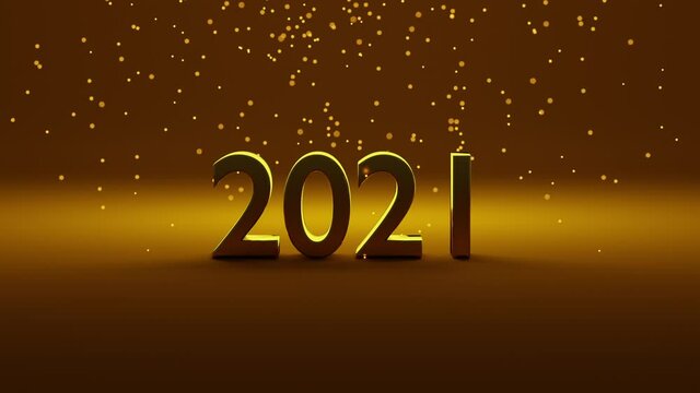 Number 2021 of gold color is placed on gradient gold background. Particles of light are falling from top side. Concept of celebration for new year 2021. Happy new year greeting image. 3D render.