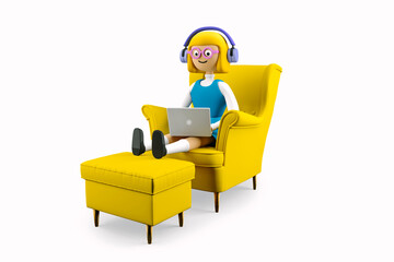 Fototapeta premium Schoolgirl Sophie learn from home with a laptop. Sophie sits on a chair with headphones, holds a laptop and studies with her class by video link. 3d illustration. 3d rendering