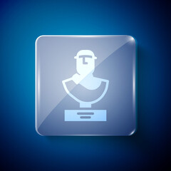 White Ancient bust sculpture icon isolated on blue background. Square glass panels. Vector.