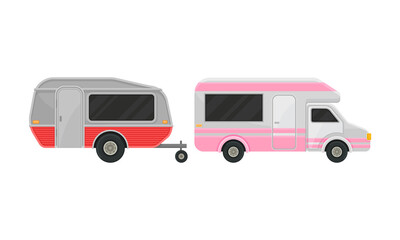 Caravan or Camper Trailer as Towed Vehicle with Place for Sleeping Vector Set