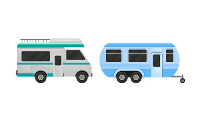 Caravan or Camper Trailer as Towed Vehicle with Place for Sleeping Vector Set