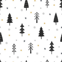 Seamless pattern Christmas background with Christmas tree and stars Hand drawn design in cartoon style, use for print, celebration wallpaper, fabric, textile. Vector illustration