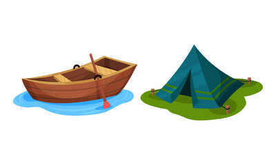 Wooden Boat with Paddle and Tent Vector Set