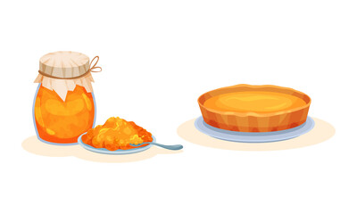 Tasty Pumpkin Pie Rested on Plate and Sweet Jam in Jar Vector Set