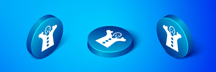 Isometric Toy puppet doll on hand icon isolated on blue background. Blue circle button. Vector.