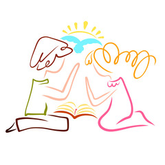 young couple praying over open bible, flying bird and sun
