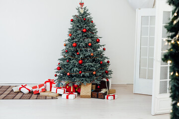 Christmas tree pine decor presents new year house white background