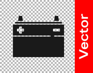 Black Car battery icon isolated on transparent background. Accumulator battery energy power and electricity accumulator battery. Vector.