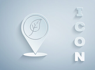 Paper cut Location with leaf icon isolated on grey background. Eco energy concept. Alternative energy concept. Paper art style. Vector.