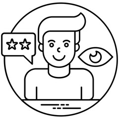 
A person with eye and message bubble with stars , customer reviews  
