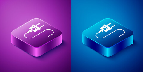 Isometric Electric plug icon isolated on blue and purple background. Concept of connection and disconnection of the electricity. Square button. Vector.