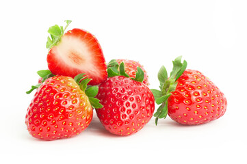 Strawberries isolated on white background, garden summer fruit, strawberry, copy space ( Fragaria )