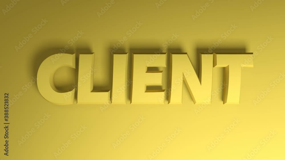 Poster the banner write client passing from right to left side, on yellow background - 3d rendering animati
