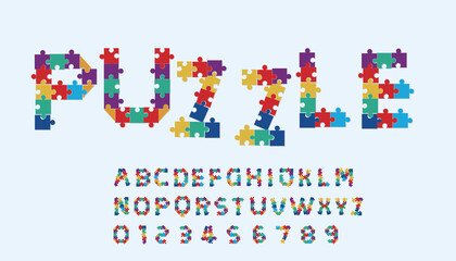 Puzzle style font design, alphabet letters and numbers, 