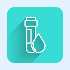 White line Test tube with water drop icon isolated with long shadow. Green square button. Vector Illustration.