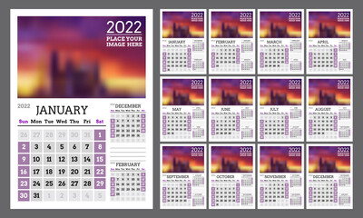 Quarterly calendar 2022. Strict corporate vertical template with place for photo. Set of 12 pages. Week starts on Sunday.