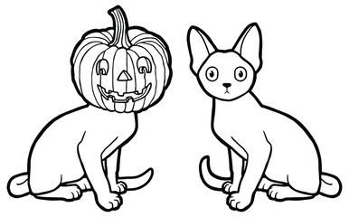 Vector illustration. Hand drawing art. Funny cats. Cat with a pumpkin on his head. Cartoon kittens. Halloween decoration. Coloring page.